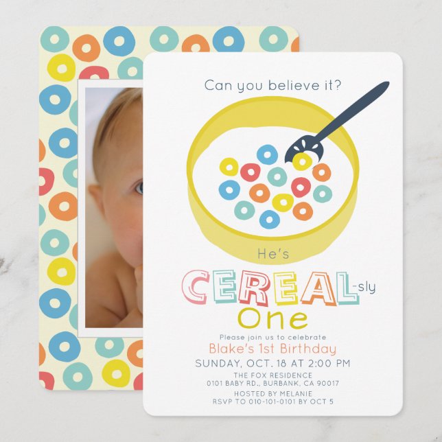 Invitación Cereal-sly One Amarillo Cumpleaños Foto 1er Cumple (Anverso / Reverso)