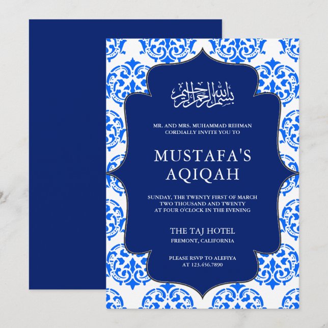 Invitación Ceremonia Aqiqah islámica de Damasco azul y blanco (Anverso / Reverso)