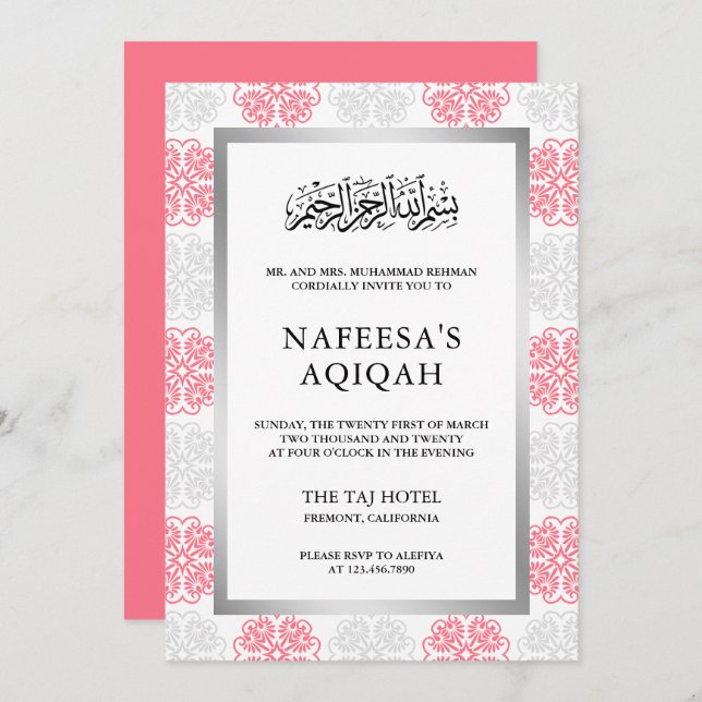 Invitación Ceremonia Aqiqah musulmana de Damasco floral gris  (Anverso / Reverso)