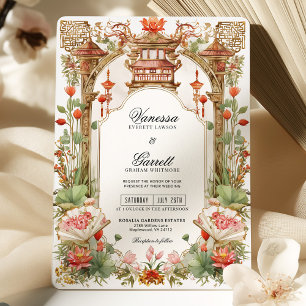 Invitación Ceremonia asiática de té de Lotus rojo y Boda de f