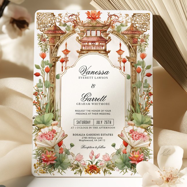 Invitación Ceremonia asiática de té de Lotus rojo y Boda de f (Subido por el creador)