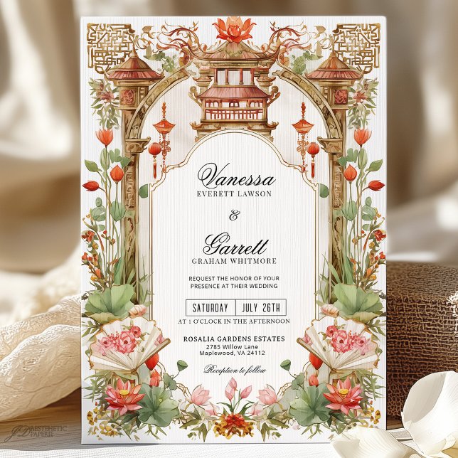 Invitación Ceremonia asiática de té de Lotus rojo y Boda de f (Subido por el creador)