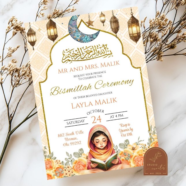 Invitación Ceremonia Bismillah Chica musulmana floral (Subido por el creador)