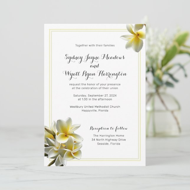 Invitación Ceremonia Boda de flores de plumeria amarilla (Anverso de pie)