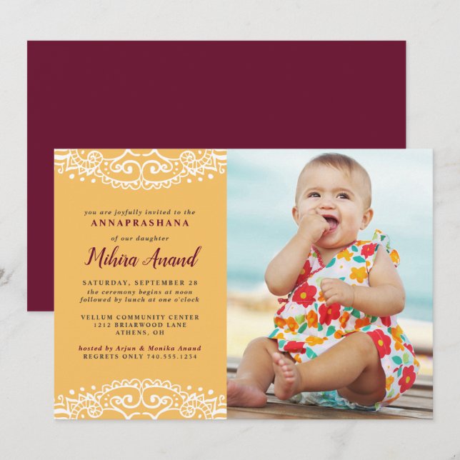 Invitación Ceremonia de Arroz Amarilla Annaprashana (Anverso / Reverso)
