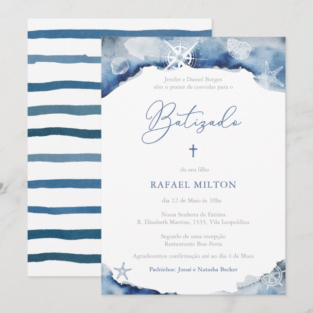 Invitación Ceremonia de bautismo para niño en azul de la mari (Anverso / Reverso)