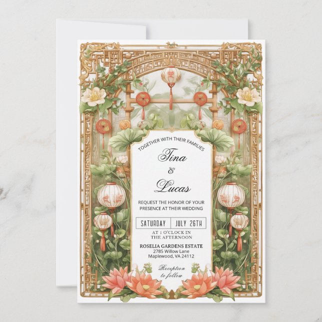 Invitación Ceremonia de Boda de Loto y Linterna Asiática (Anverso)