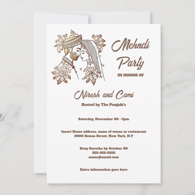 Invitación ceremonia de boda de novios Mehndi Henna (Anverso)