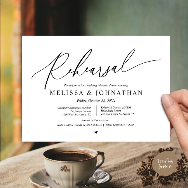 Invitación Ceremonia de Boda romántico y ensayo de cena (Romantic Wedding Ceremony and Dinner Rehearsal Invitation Card, PDF, White Black)