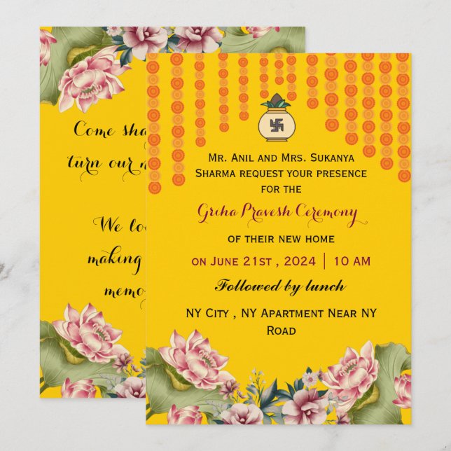 Invitación Ceremonia de Calentamiento de Hogares en India (Anverso / Reverso)