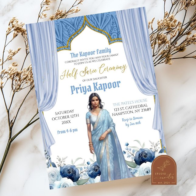 Invitación Ceremonia de Chica hindú floral azul mitad sari (Subido por el creador)