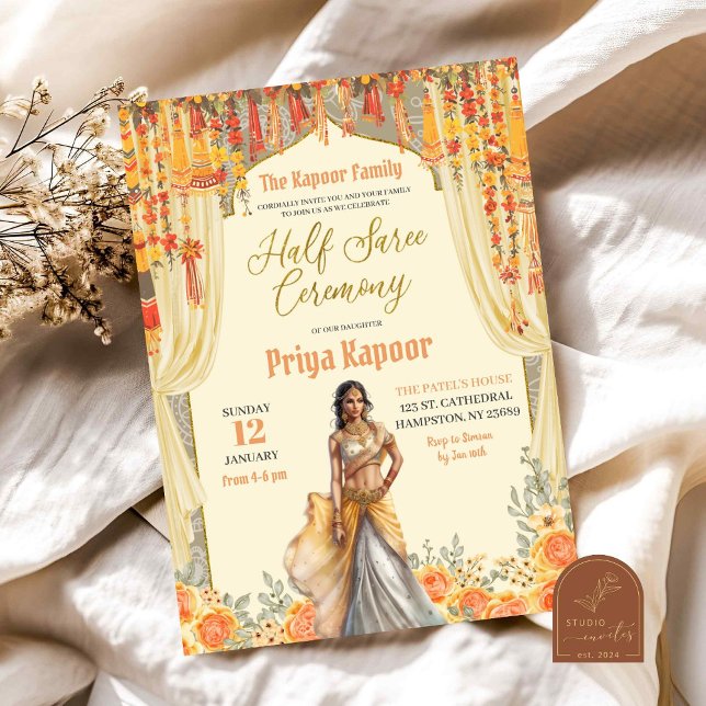 Invitación Ceremonia de Chica indio floral mitad amarilla sar (Subido por el creador)