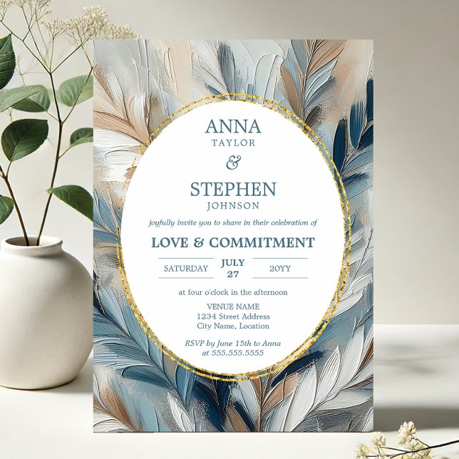Invitación Ceremonia de Compromiso de Elegancia Azul Contempo (Contemporary Blue Elegance brushstroke invitation front in situ)