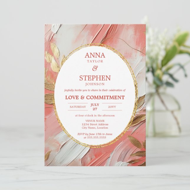 Invitación Ceremonia de Compromiso de Elegancia Coral Contemp (Anverso de pie)