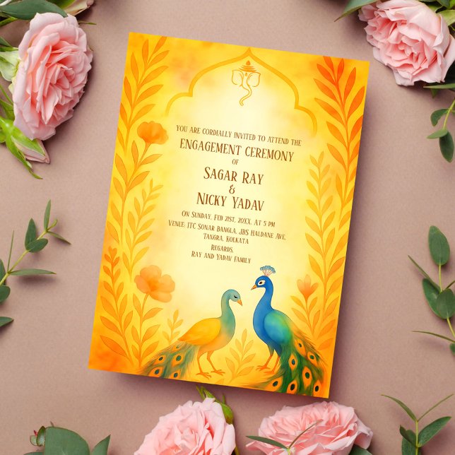 Invitación Ceremonia de compromiso floral de pavo real india  (Subido por el creador)