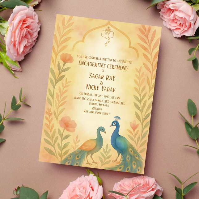 Invitación Ceremonia de compromiso floral de pavo real india  (Subido por el creador)
