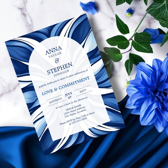 Invitación Ceremonia de Compromiso Floral Orgánico Blue Bliss (Blue bliss organic floral commitment ceremony invitation front view.)