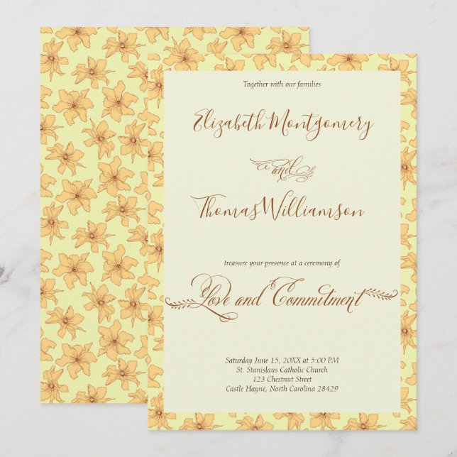 Invitación Ceremonia de compromiso floral suave amarillo (Anverso / Reverso)