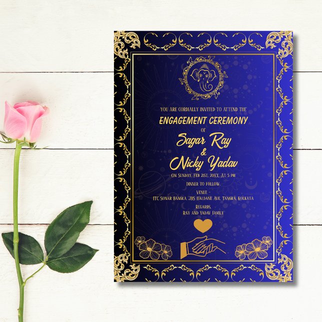 Invitación Ceremonia de compromiso hindú azul y dorado (Subido por el creador)