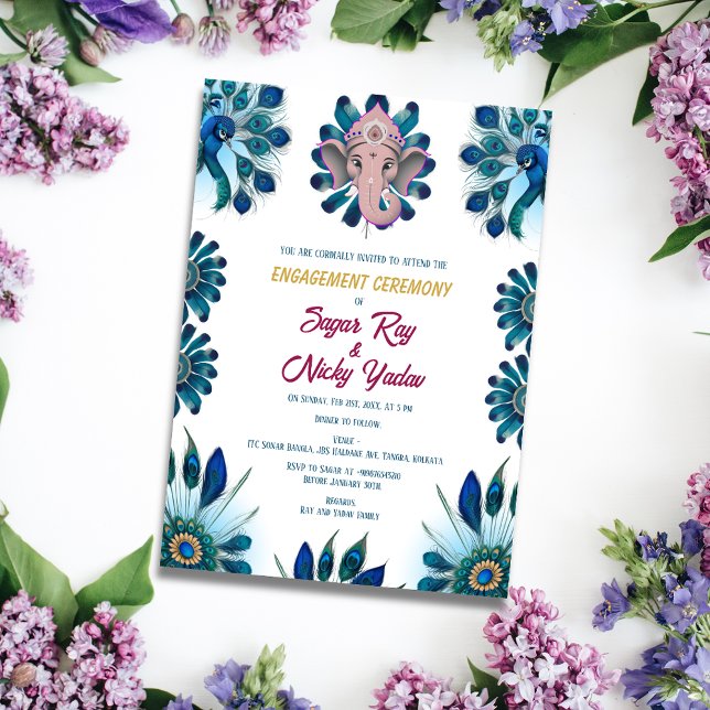 Invitación Ceremonia de compromiso hindú con pluma de pavo re (Subido por el creador)