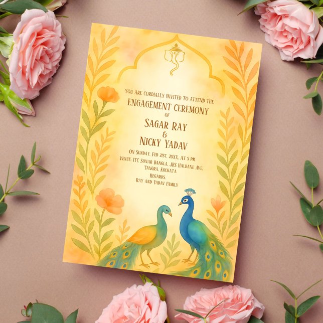 Invitación Ceremonia de Compromiso Hindú India Floral de Pavo (Subido por el creador)