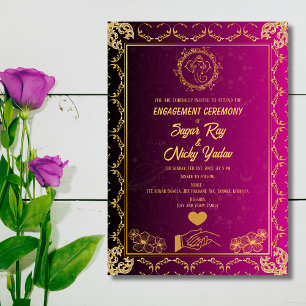 Invitación Ceremonia de compromiso hindú rosado y dorado