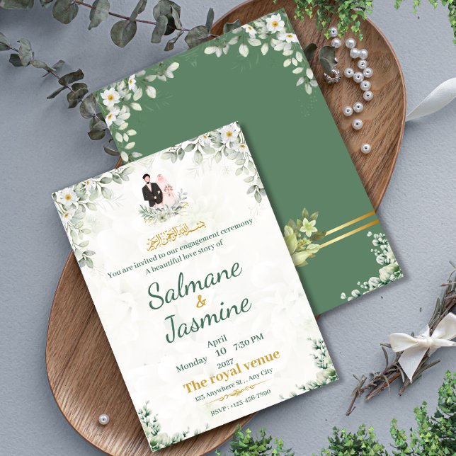 Invitación Ceremonia de compromiso islámica flores verdes mus (Subido por el creador)