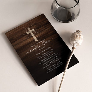 Invitación Ceremonia de confirmación Iglesia cruza madera rús