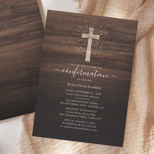 Invitación Ceremonia de confirmación Iglesia cruza madera rús (Rustic Wood Background Script Confirmation Invitation)