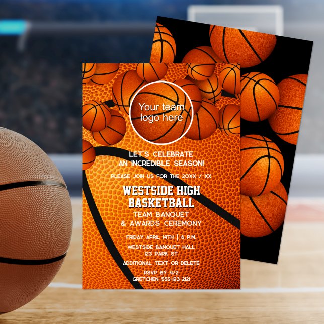 Invitación ceremonia de fin de temporada del logo del equipo  (Basketball team party invitation, front & back views)