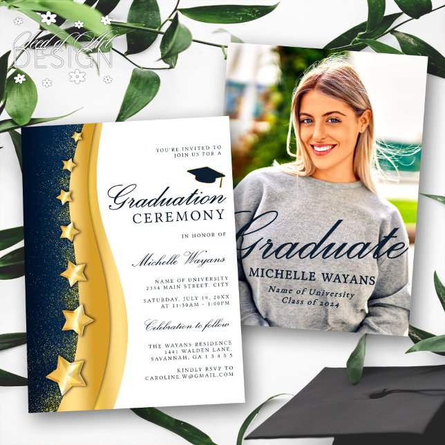 Invitación Ceremonia de graduación azul de Gold Stars y Fiest (Subido por el creador)