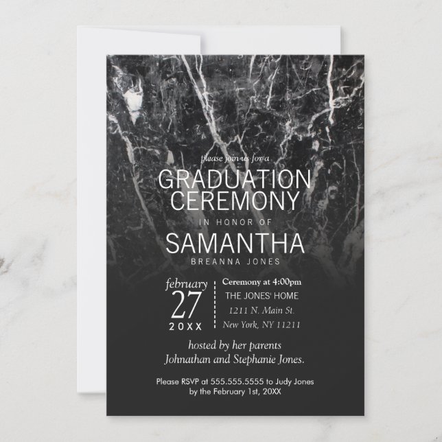 Invitación Ceremonia de graduación de mármol blanco y negro (Anverso)