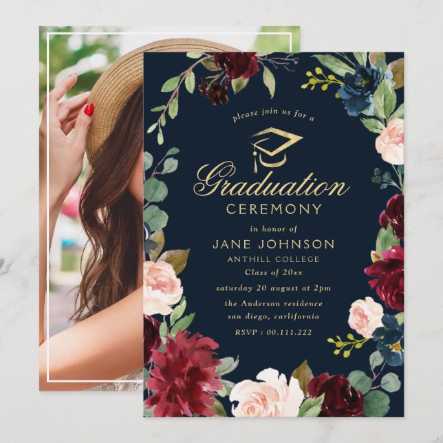 Invitación ceremonia de graduación floral de la marina burdeo (Anverso / Reverso)