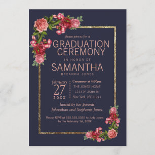 Invitación Ceremonia de graduación floral rosada del oro de