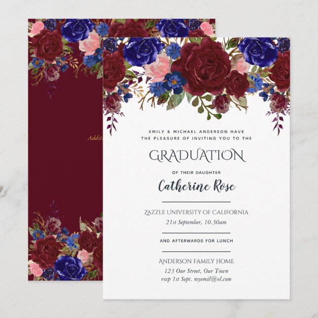 Invitación Ceremonia de Graduación Rosa Azul Borgoña + Recepc (Anverso / Reverso)