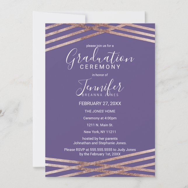 Invitación Ceremonia de graduación violeta alineada simple (Anverso)