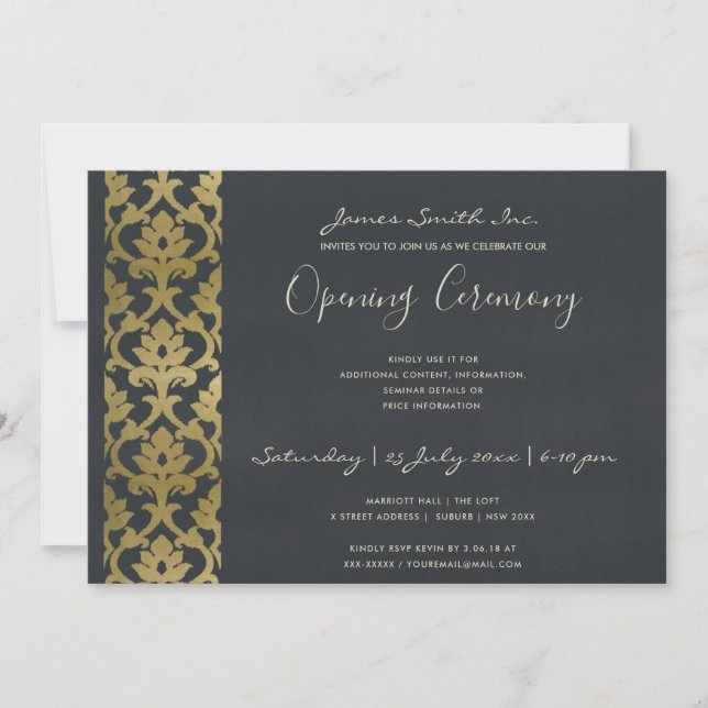INVITACIÓN CEREMONIA DE GRAN APERTURA EN DAMASCO DE ORO FALSO (Anverso)