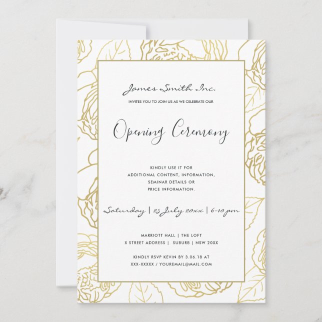 INVITACIÓN CEREMONIA DE GRAN APERTURA FLORAL ROSE NAVY ORO LU (Anverso)