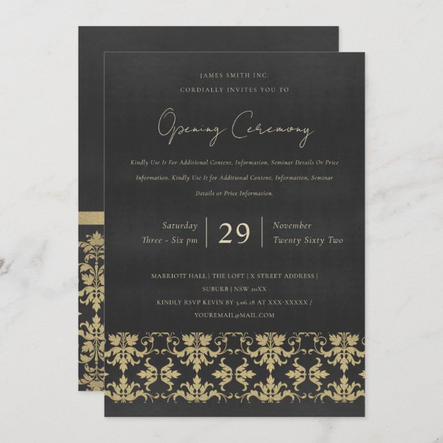 INVITACIÓN CEREMONIA DE GRAN APERTURA VELVET NAVY GOLD DAMASK (Anverso / Reverso)