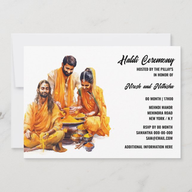 Invitación Ceremonia de Haldi boda del novio de la novia indi (Anverso)