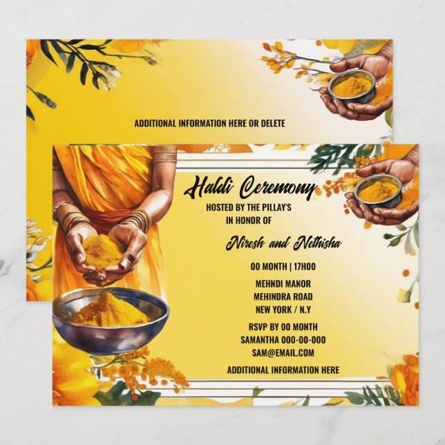 Invitación Ceremonia de Haldi flores de las manos cúrmicas fl (Anverso / Reverso)