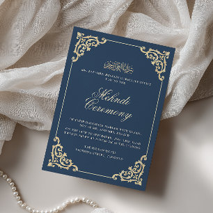 Invitación Ceremonia de Henna Mehndi Vintage Barroco Azul Mar
