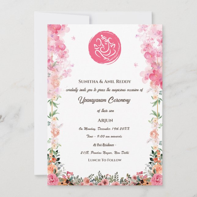 Invitación Ceremonia de Janeu en Upanayanam, alias Hindu Holy (Anverso)