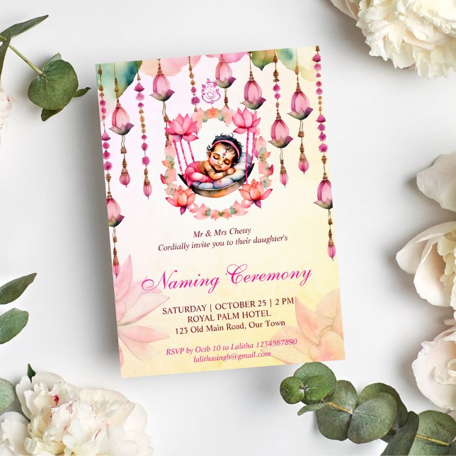 Invitación Ceremonia de la cuna de la bebé con nombres Namkar (Baby girl Naming cradele namkaran ceremony editable template invitation instant digital download)