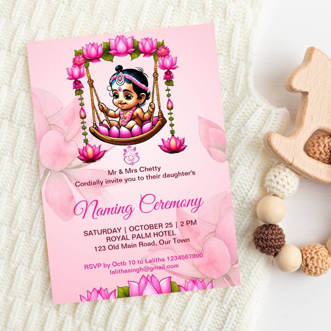 Invitación Ceremonia de la cuna de la bebé con nombres Namkar (Pink lotus baby girl namkaran cradle ceremony Indian baby naming editable template invitation)