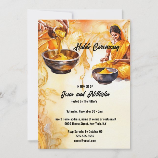 Invitación Ceremonia de la novia hindú de haladi boda (Anverso)