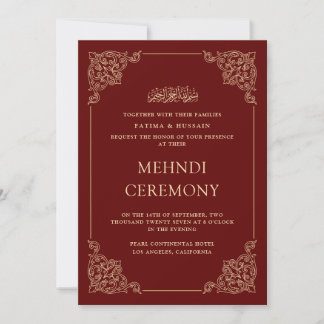 Invitación Ceremonia de Mehndi Antigua Barroca Dorada Rojo Bu