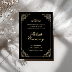 Invitación Ceremonia de Mehndi barroca antigua en negro y dor