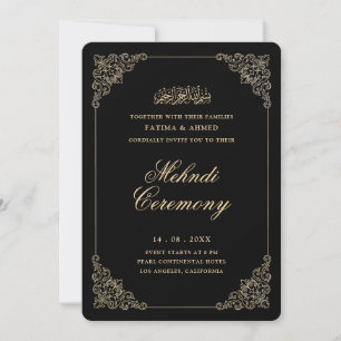 Invitación Ceremonia de Mehndi barroca antigua en oro y negro