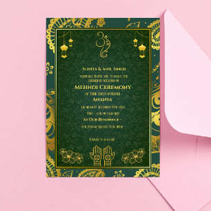 Invitación Ceremonia de Mehndi de la Novia India Diseño Dorad